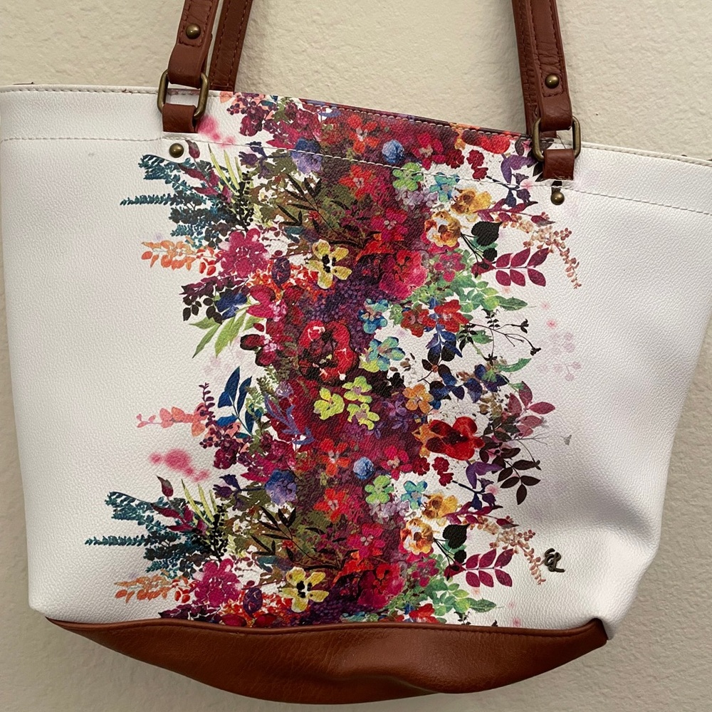 Eliotte Luca Floral White and Brown Tote Bag